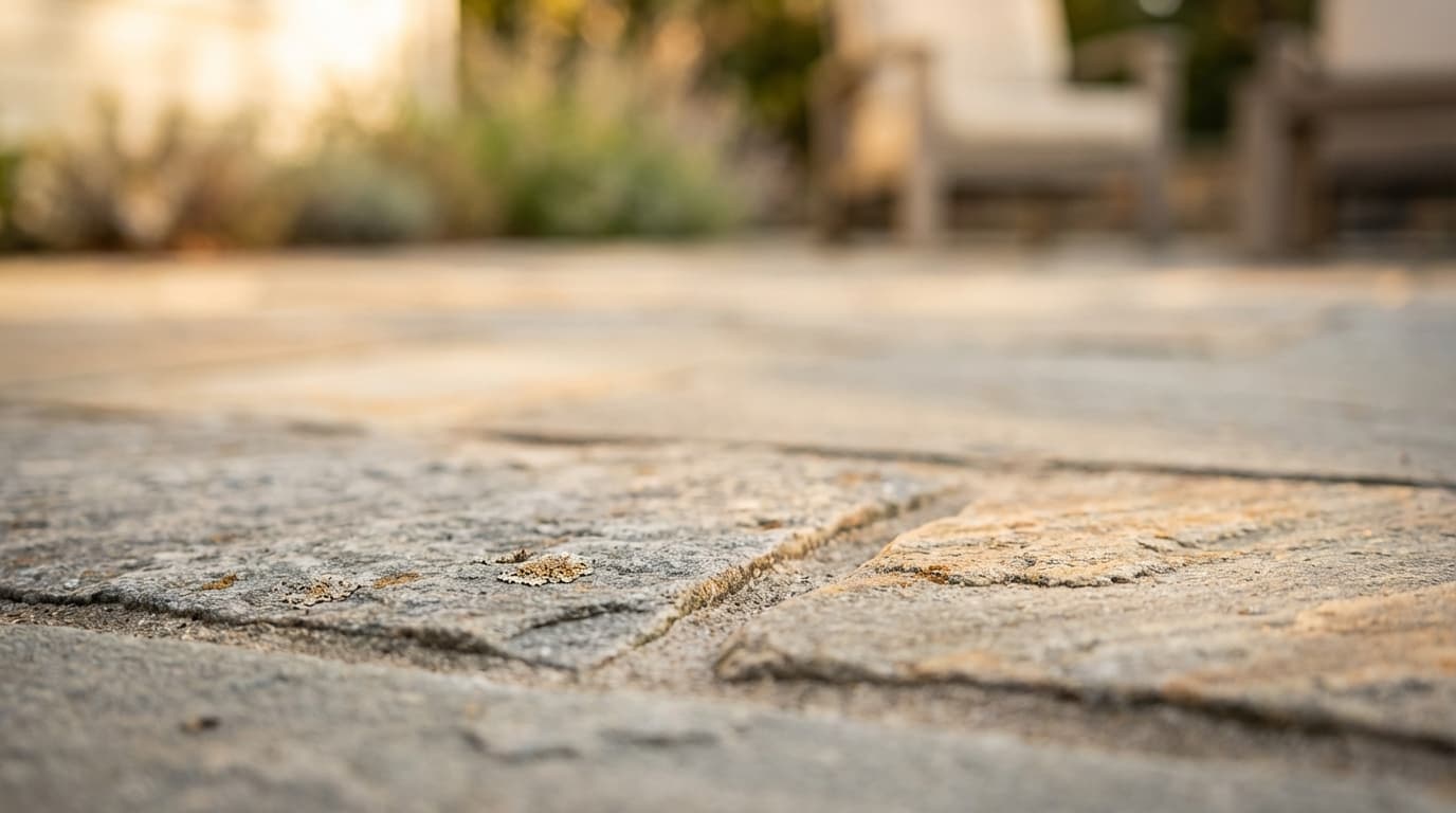 Stone patio at golden hour in Palm Desert with mountain backdrop and work boots