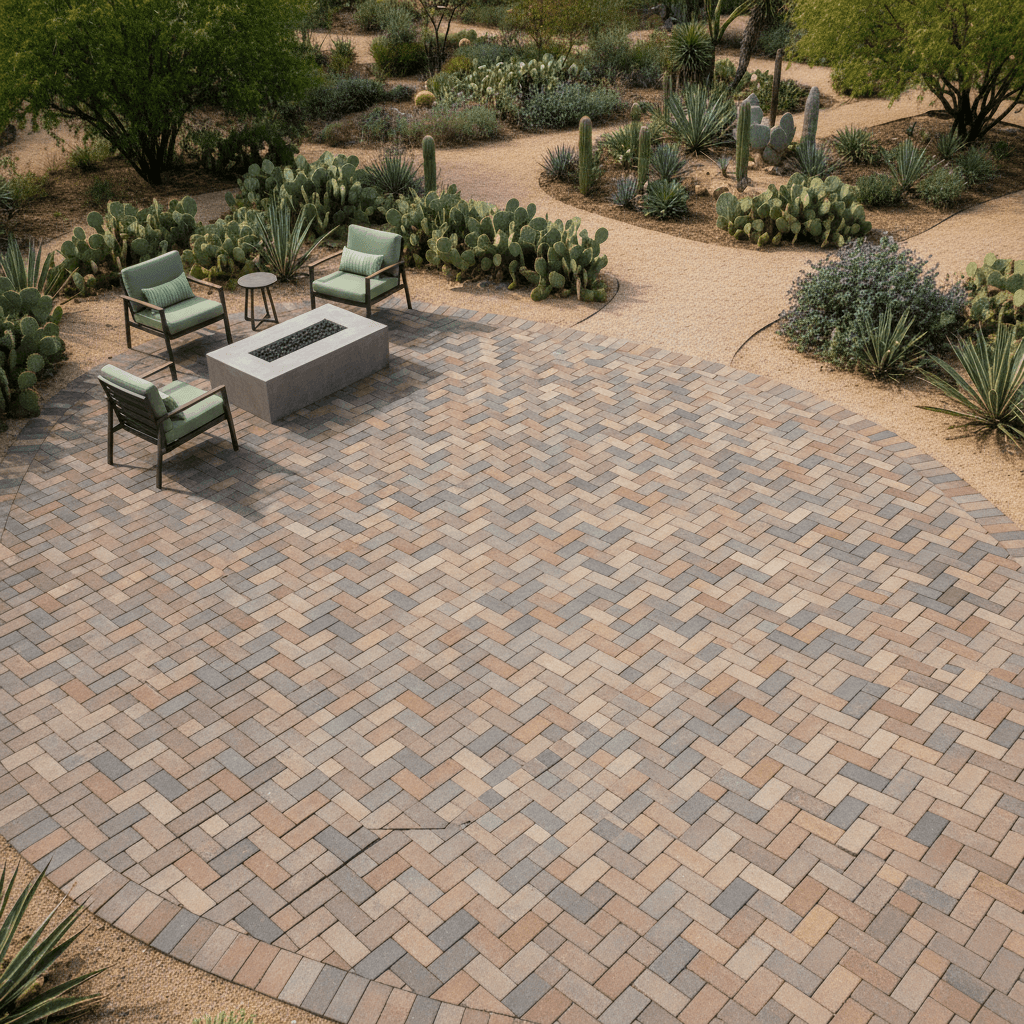 Herringbone paver patio with fire pit and seating