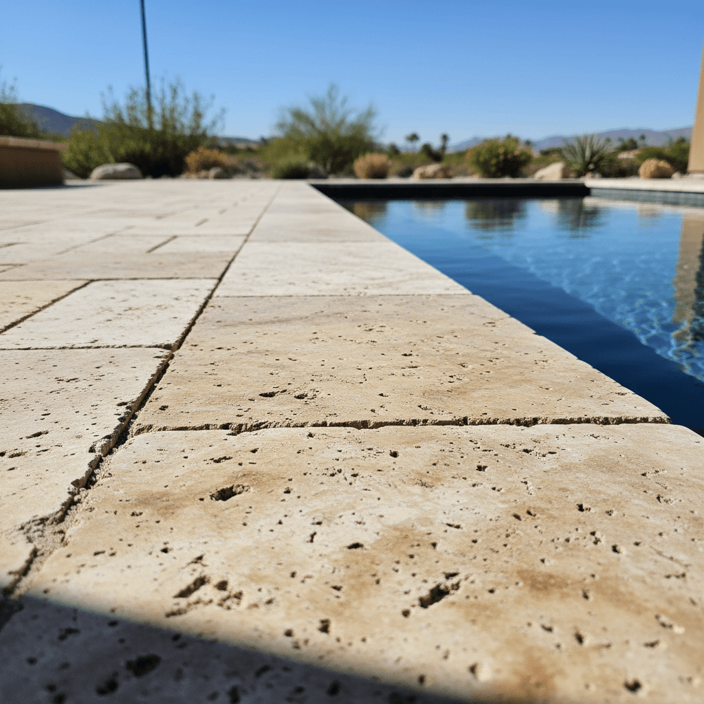 Close-up of hand-laid travertine stone patio edge next to a pool in Palm Desert sunlight