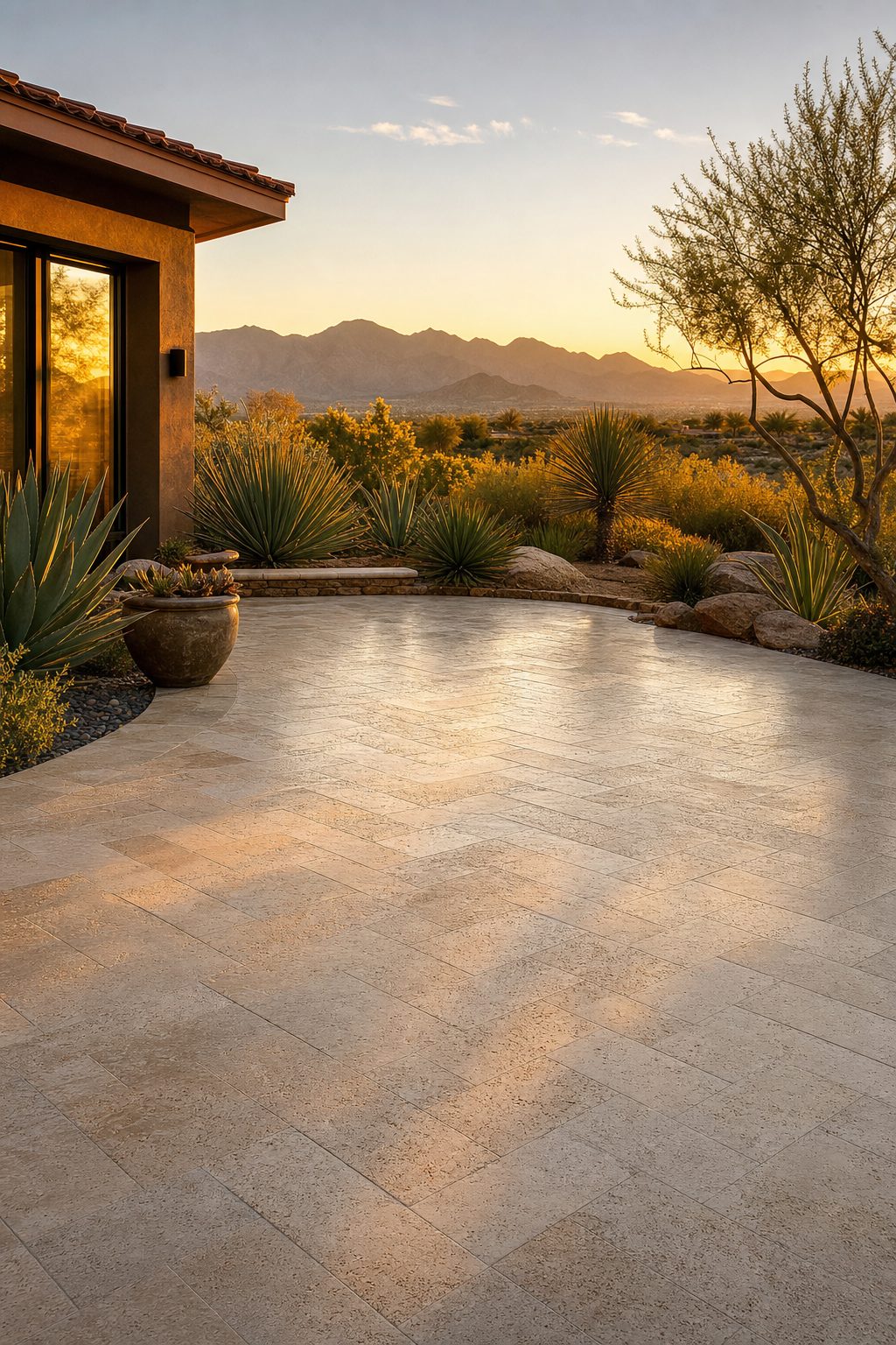 Professional foundation work is the first step toward a lasting outdoor kitchen. Expert hardscaping professional installing desert suitable pavers for a custom patio foundation in Palm Desert.