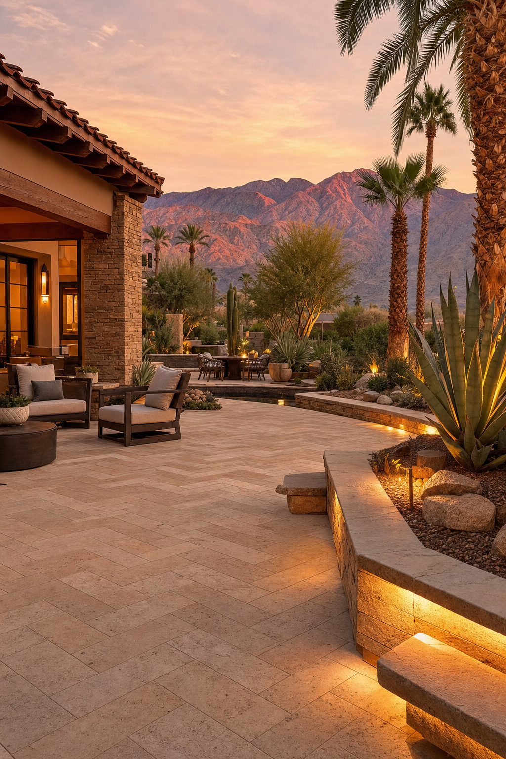 Inspecting your patio for settlement after a monsoon is the first step in preserving its longevity. A high end desert patio featuring travertine pavers and professional landscaping in Indian Wells.