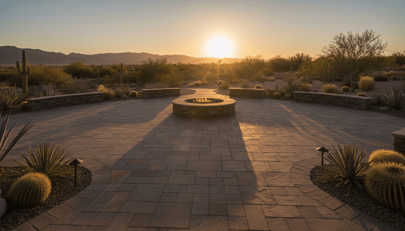 Expansive paver patio at dusk with custom stonework, fire pit, and desert mountain backdrop in Palm Desert