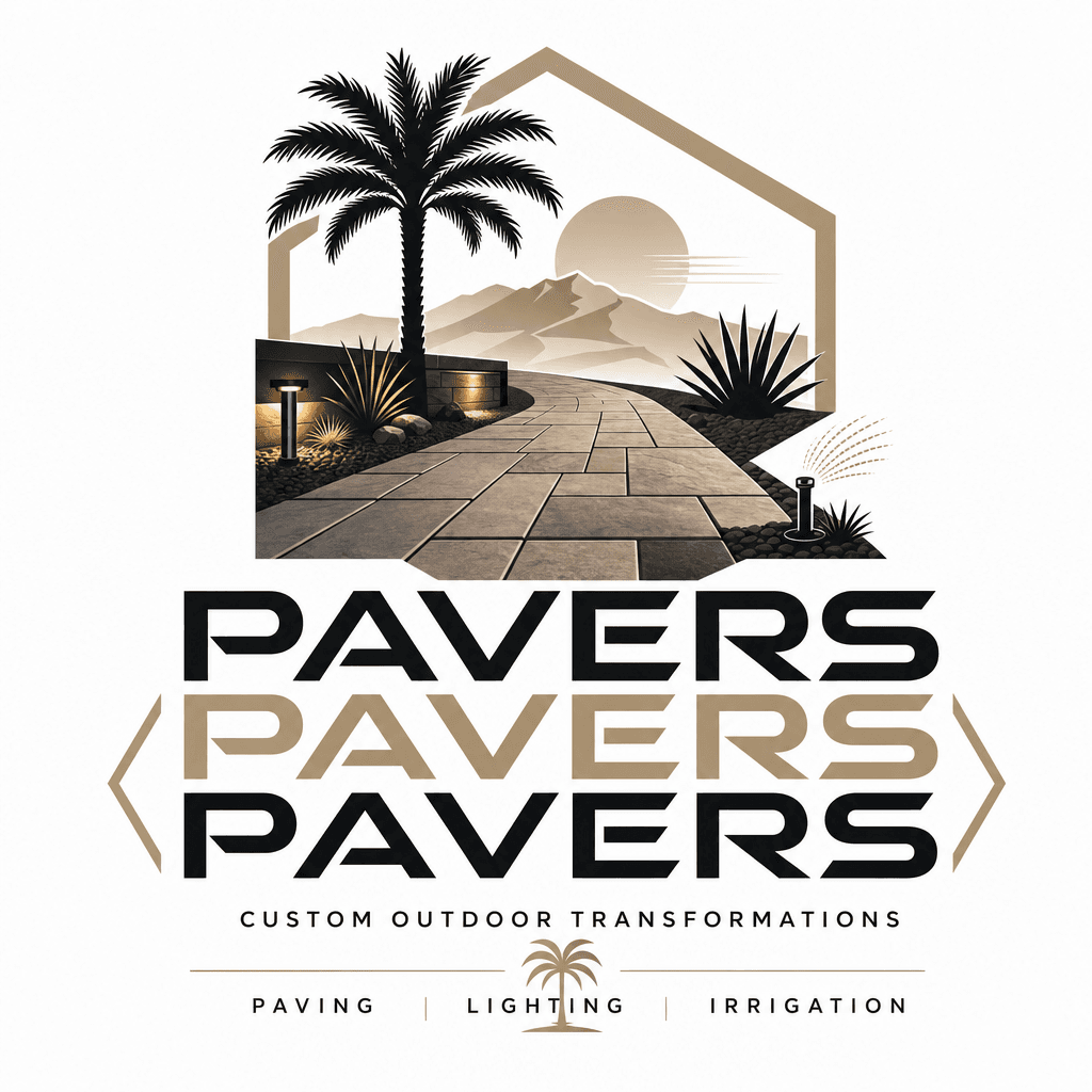 Bold modern logo for Pavers Pavers Pavers with angular paver shapes and Palm Desert elements