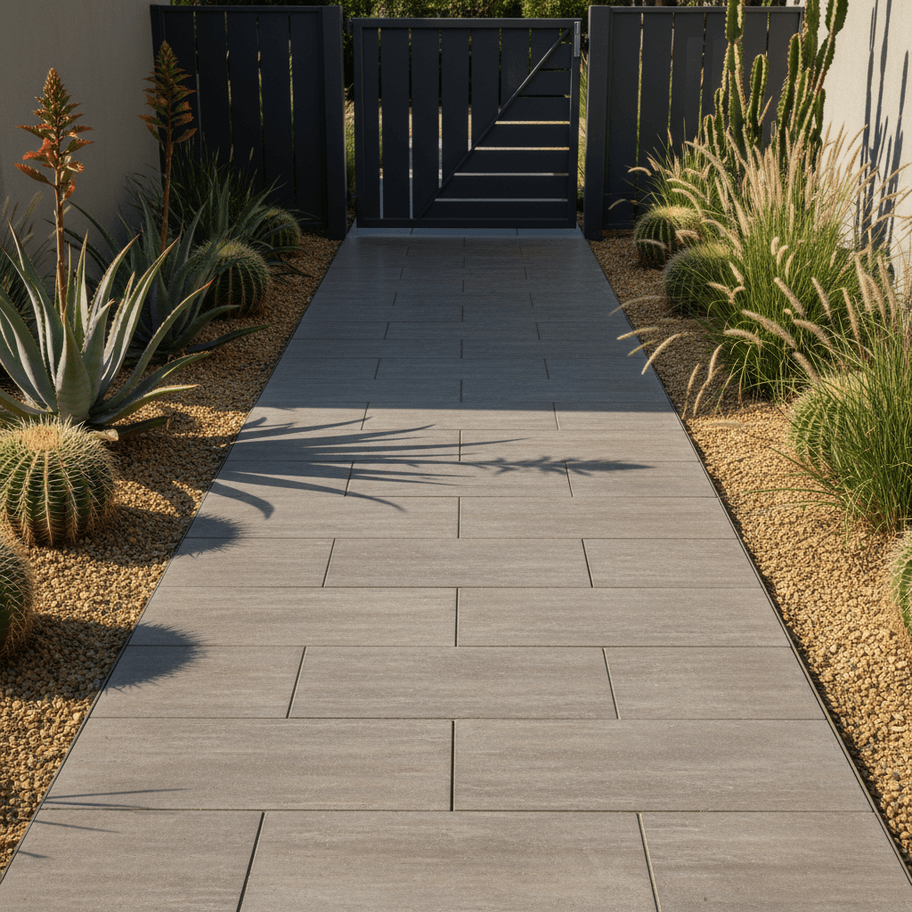 Modern front walkway with porcelain pavers and desert plants