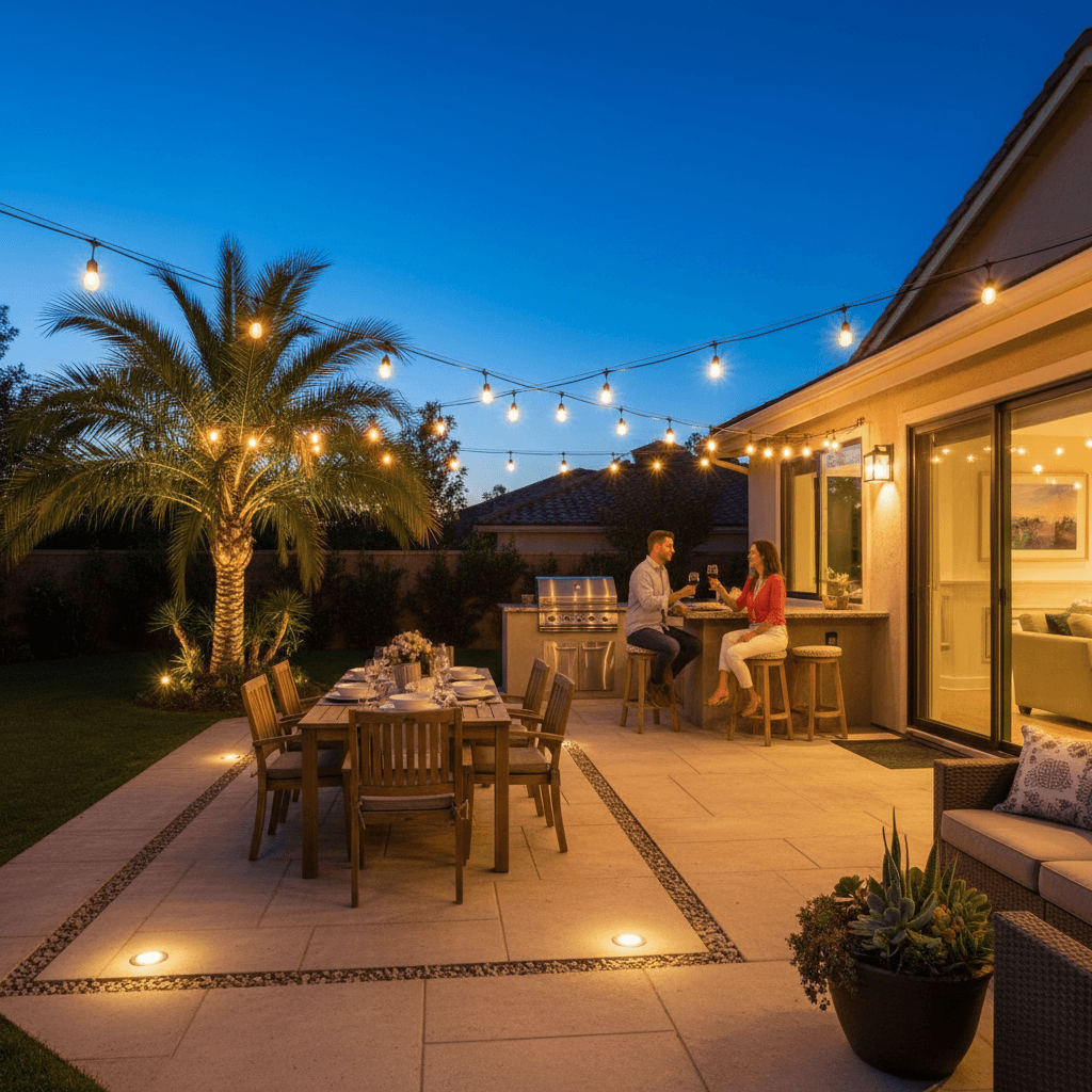 Evening patio with custom lighting and dining area